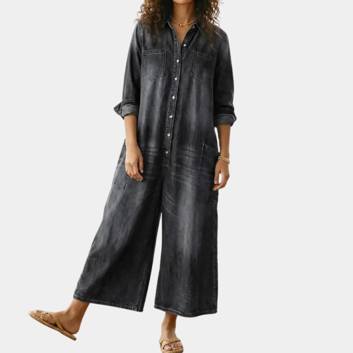 Diana | Vintage Washed Soft Cotton Denim Jumpsu z zapięciem na guziki