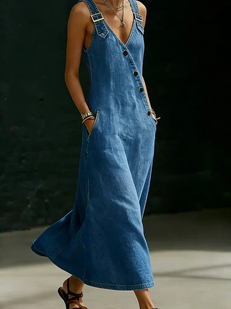Vera | Długa dżinsowa sukienka z zapięciem na guziki
