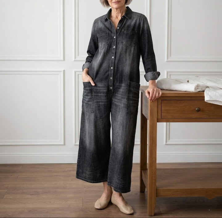Diana | Vintage Washed Soft Cotton Denim Jumpsu z zapięciem na guziki